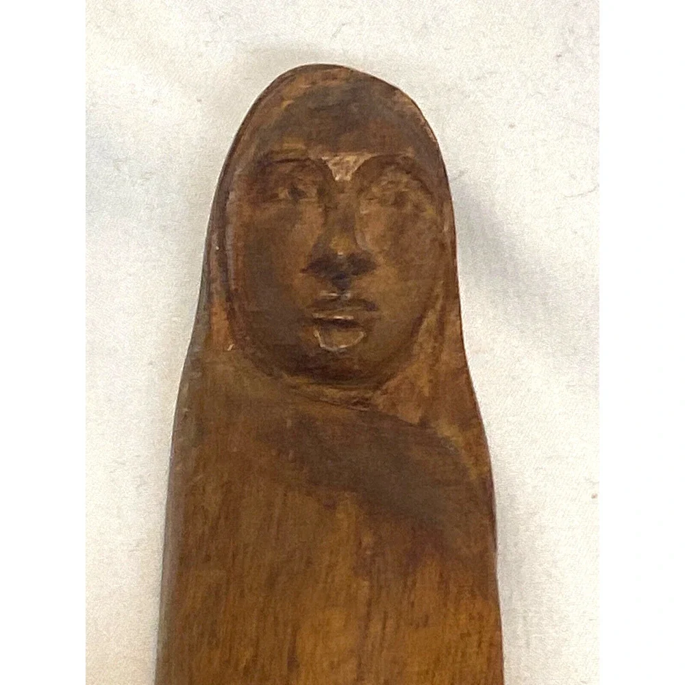 2 Hand Carved Wood Folk Figures Women 1 Signed